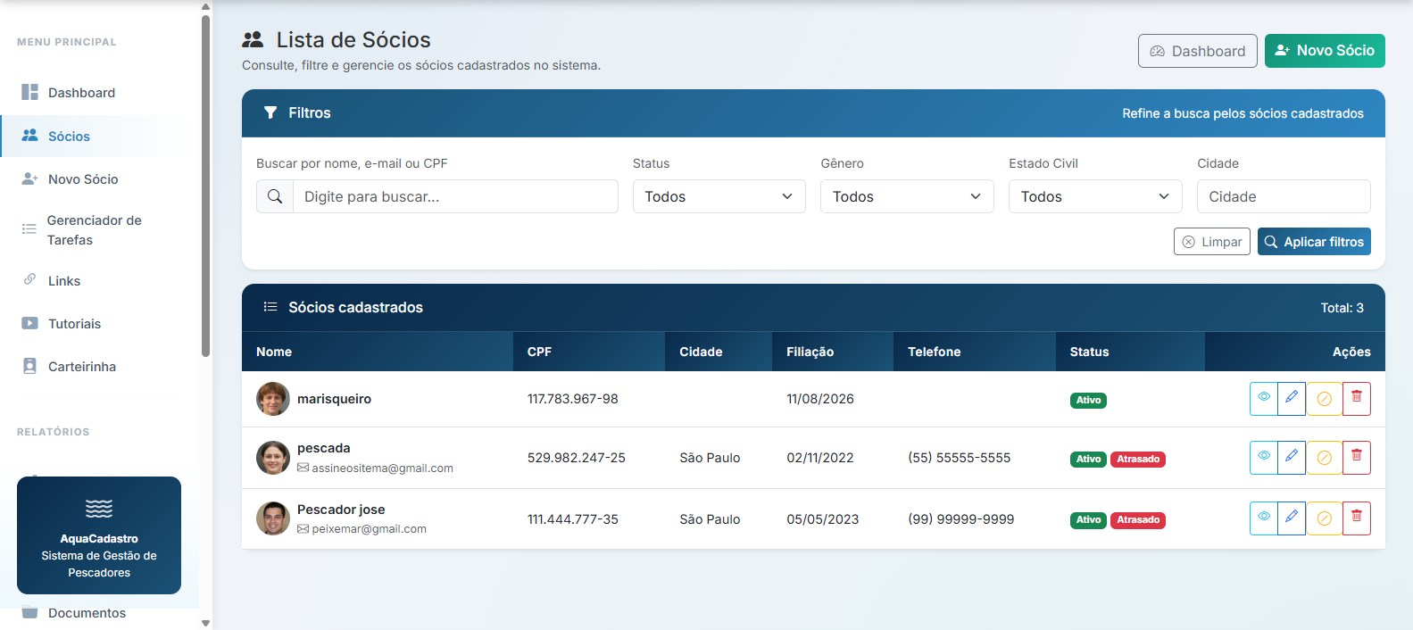 Lista de sócios no AquaCadastro